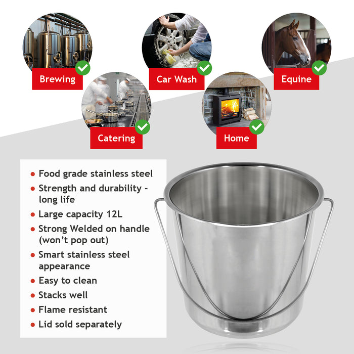 12 Litre Stainless Steel Pail Bucket with Handle for Catering (Silver, Pack of 2 Buckets)