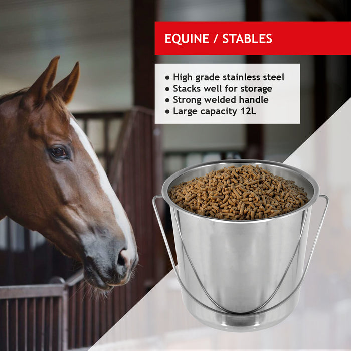 12L Metal Bucket + Lid Handle Heavy Duty Horse Equestrian Stable Feed Watering