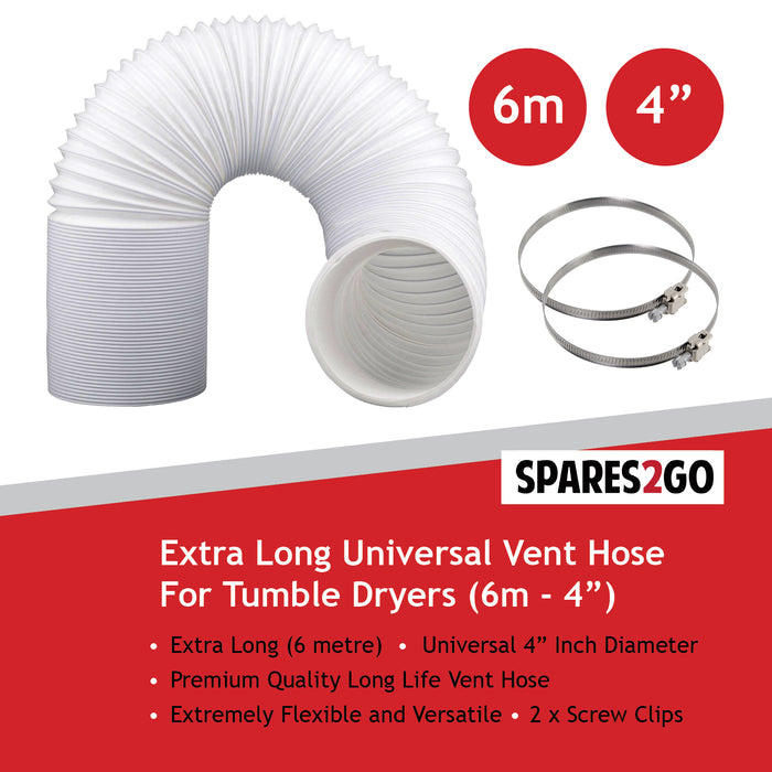 Extra Long Vent Hose & Screw Clips Kit for Beko Tumble Dryer (6 Metre, 100mm Diameter)