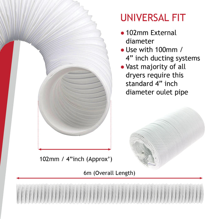 Extra Long Condenser Vent Hose Pipe for Servis Vented Tumble Dryer (6m / 4")