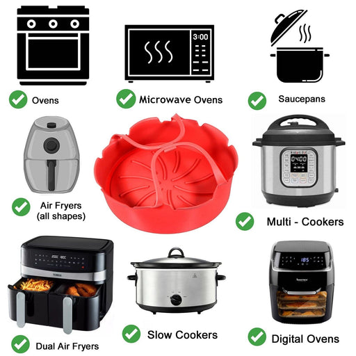 Air Fryer Basket Liner Silicone Pot Mat Non-Stick Multi Cooker Frying Round Tray With Handle Red