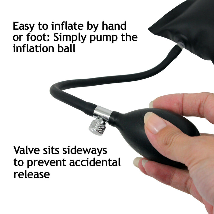 Easy to inflate by hand of foot: Simply pump the inflation ball. Valve sits sideways to prevent accidental release