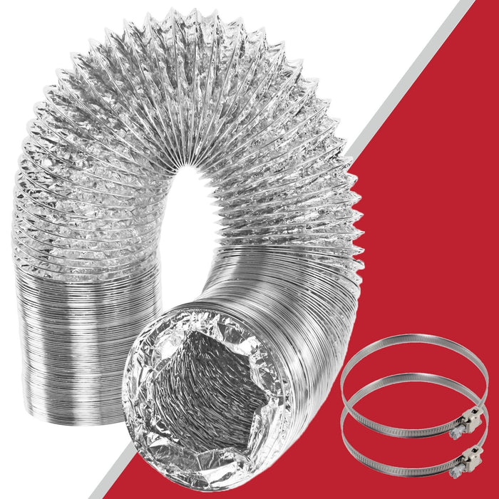 Universal Air Conditioning Aluminium Duct Vent Hose + 2 x Pipe Clips (4" / 100mm x 5 Metres)