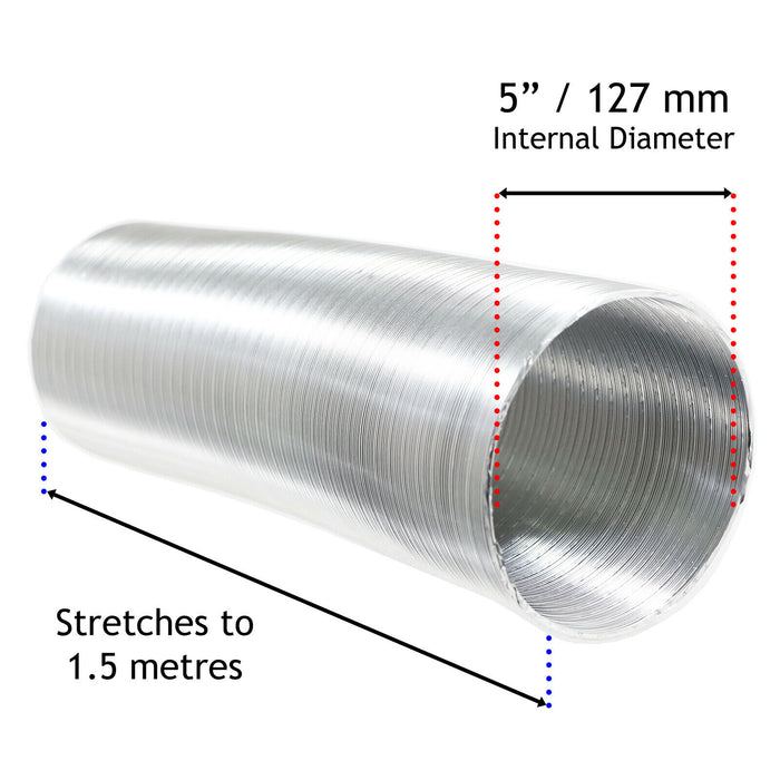 Semi Rigid Aluminium Hose Duct Flexible Exhaust Pipe (5" / 127mm x 1.5m)