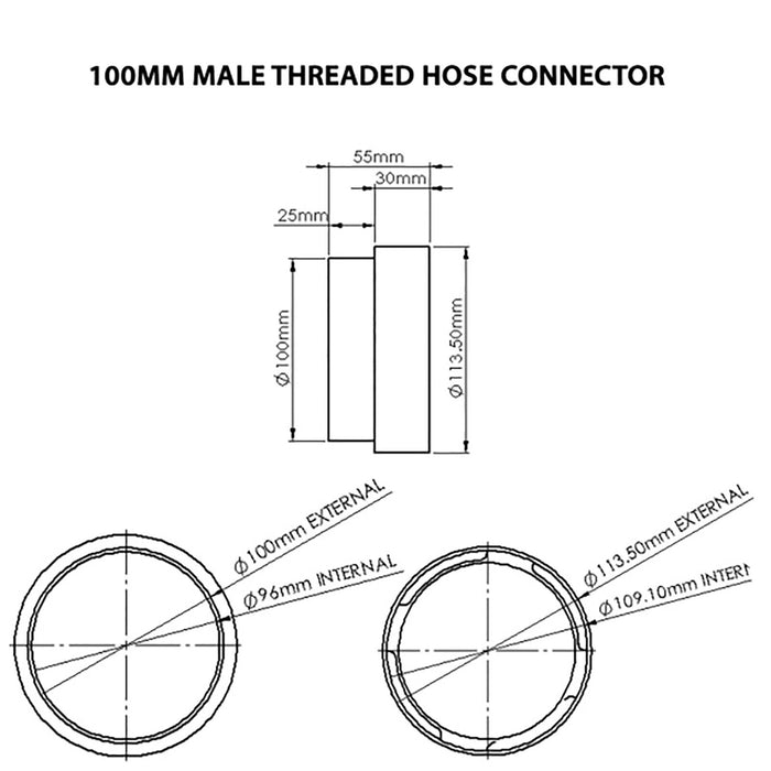 Tumble Dryer Vent Adaptor Threaded Male Duct Hose Outlet Connector (4" / 100mm)